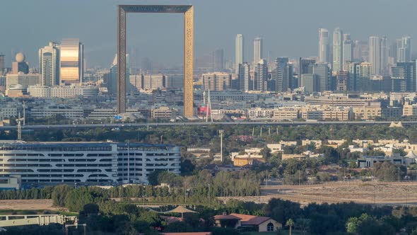 Skyline View of Deira and Sharjah Districts in Dubai Timelapse Before Sunset UAE