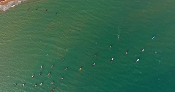 Aerial view of traditional fishing boats moored in the sea of Rio do Fogo.