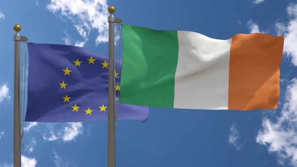 European Union Flag Vs Ireland Flag On Flagpole