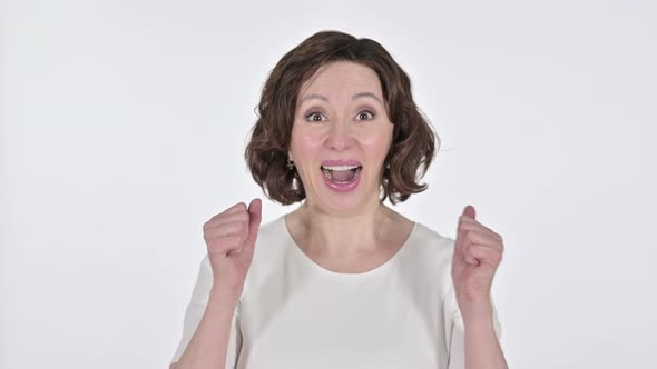 Success, Old Woman Celebrating on White Background