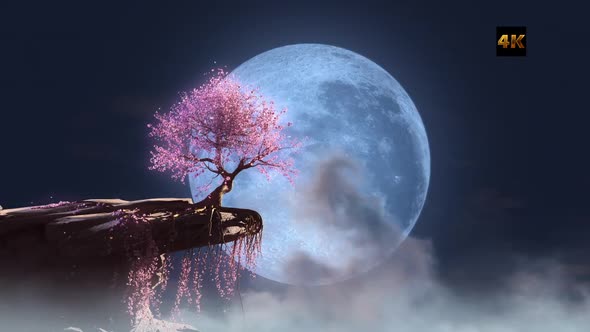 Sakura On The Cliff In Blue Moon Night 4K
