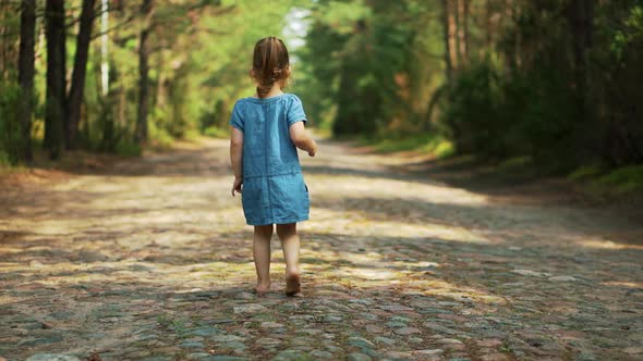 Girl Walks on a Forest Road in Summer