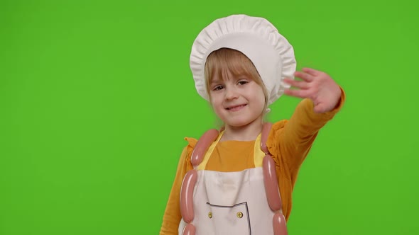 Child Girl Cook Chef Waving Hands Asking To Follow Welcome Hello Hi Gesture on Chroma Key