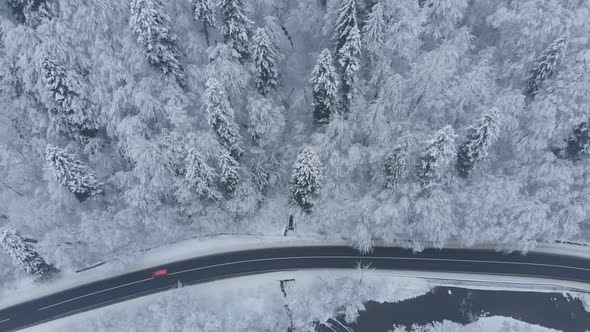 Aerial shot: cars and trucks are driving by the road in winter forest.