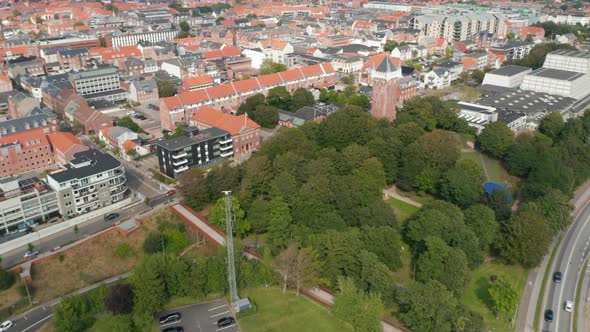 Flight Forward Over the City of Esbjerg Denmark Drone View Revealing Water Tower of Esbjerg an