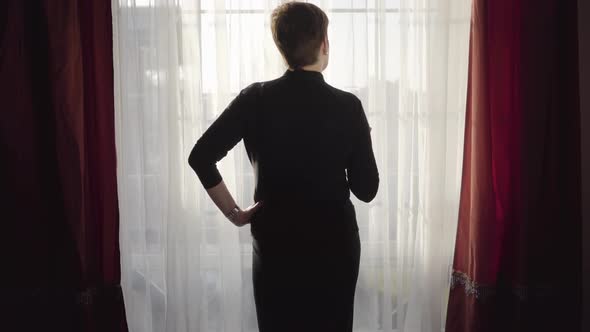 Back View of Elegant Caucasian Lady with Short Brunette Hair Drinking Wine As Standing at Big Window