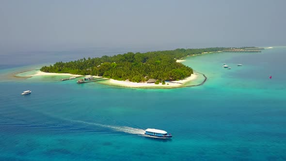 Aerial drone panorama of bay beach time by water and sand background