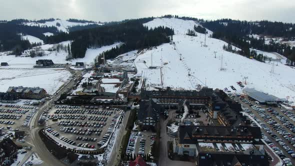 Drone approaching a ski slope in Bialka Tatrzanska, Poland