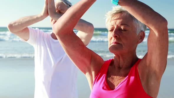 Senior couple doing yoga at beach