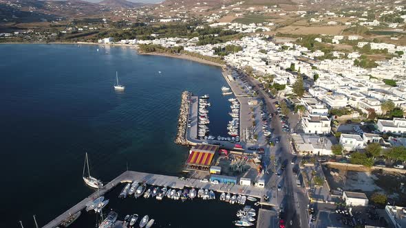 Marina of Parikia on Paros island in the Cyclades in Greece seen from the sky