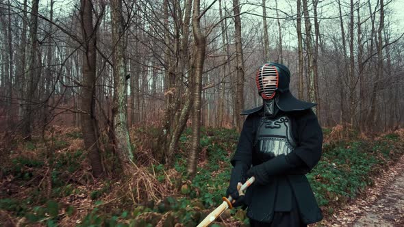 Concentrated Man with a Japanese Sword, a Katana Practicing Iaido in a Pine Forest, Wide Angle