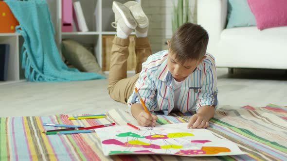 Little Boy Lying on Floor at Home and Drawing Picture alt