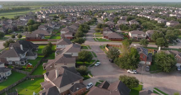 Aerial of middle class suburban neighborhood just outside of Houston, Texas