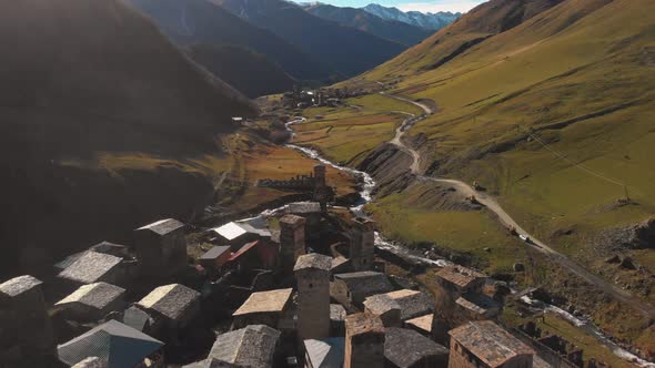 View of the Ushguli Village at the Foot of Mt
