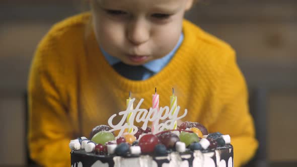 Midsection of Toddler Boy Blowing Candles on Cake