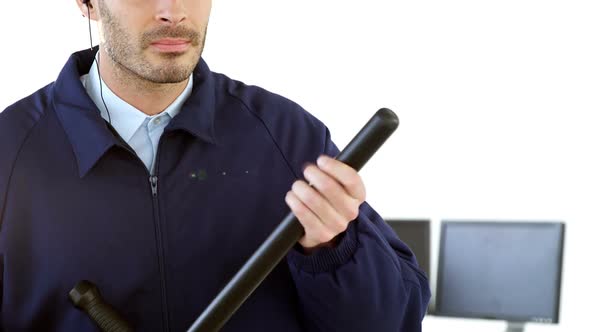 Security guard holding baton on white background