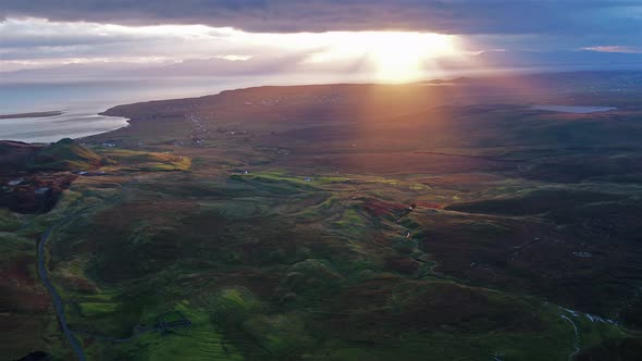 Cinematic Flight Over the Quiraing During Sunrise on the Eastern Face of Meall Na Suiramach, Isle of