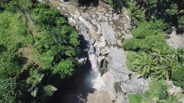 Waterfall in green rainforest. Aerial view of tropical waterfall  in the mountain jungle. Bali,Indon