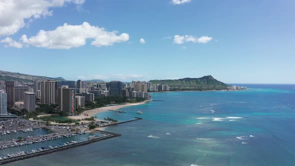 Aerial super wide shot of Waikiki from Honolulu on the island of O'ahu, Hawaii. 4K