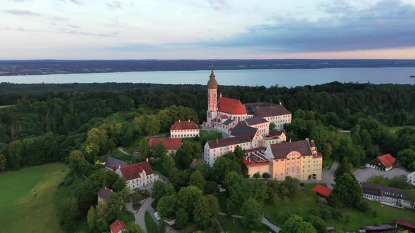 Flight over Andechs Abbey in Bavaria, Germany