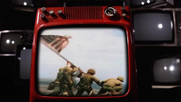 Iwo Jima, Flag Raising, Color Footage on Retro Television.