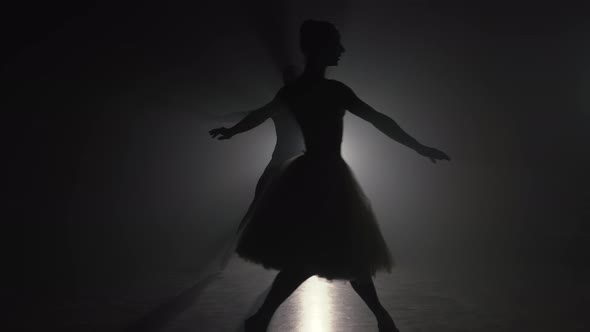 Silhouette of Professional, Sensual Ballet Dancers on Dark Smoke Scene Performed By Couple in Love