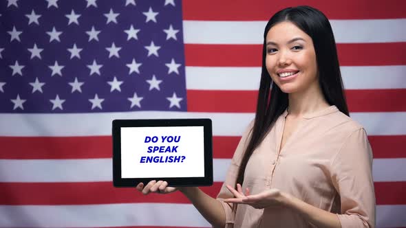 Woman Holding Tablet With Do You Speak English Phrase, App for Learning Language