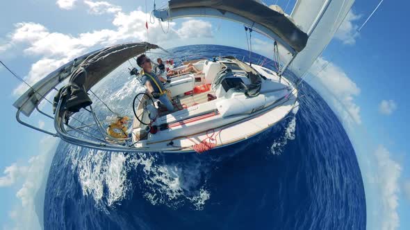 Halfround View of a Sailing Vessel with People in the Sea