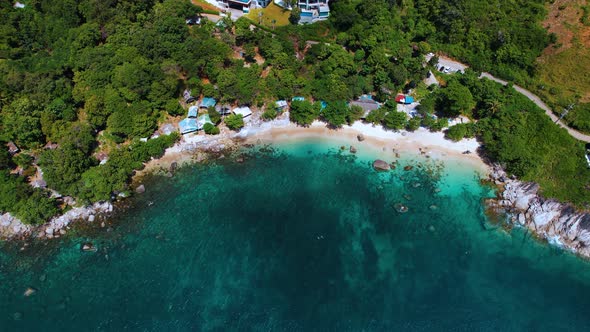 Aerial Drone Views Over a Rocky Coastline Crystal Clear Andaman Sea Waters and Touristic Beaches in