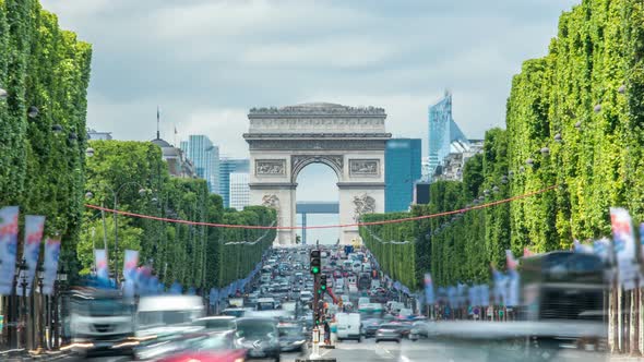 Arc De Triomphe Viewed Up the Champs Elysees with Traffic Timelapse