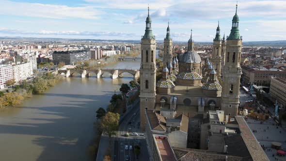 Aerial View of Basilica Del Pilar and Ebro River with Bridges in Zaragoza Spain
