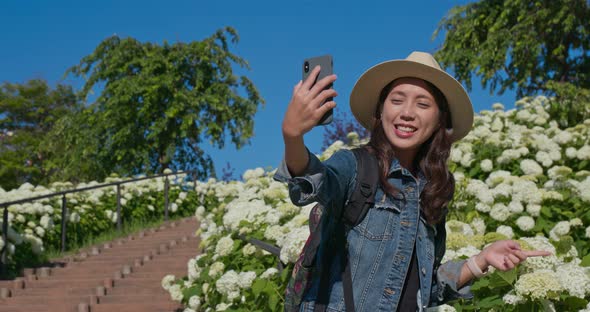 Woman take selfie on phone with white Hydrangea flower garden 