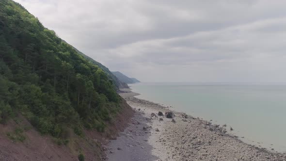 Aerial wide tracking forward alongside a prehistoric looking forest cliff.