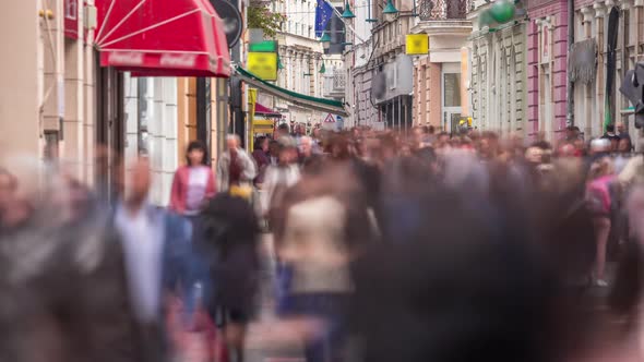 View on Ferhadija pedestrian street crowded with people timelapse