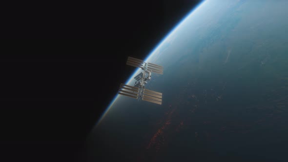 Animation of the International Space Station ISS Floating in Orbit Above Planet Earth in Outer Space