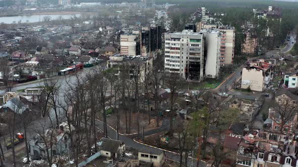 Aerial view of the destroyed and burnt houses. Houses were destroyed by rockets.