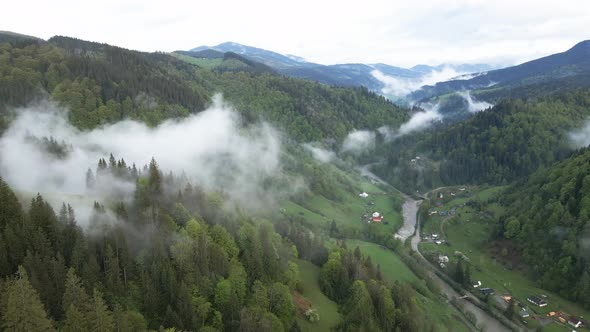 Ukraine, Carpathians: Fog in the Mountains. Aerial.