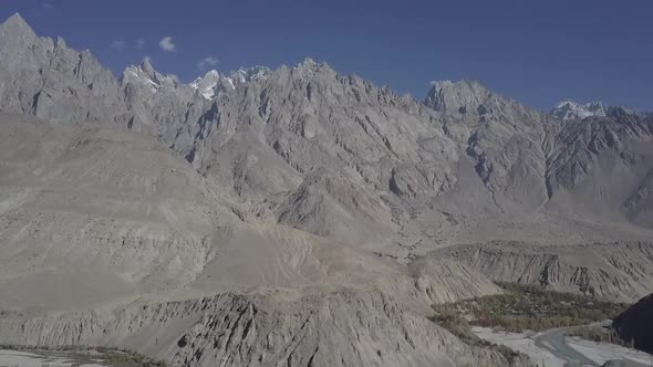 Pan Down View From Skardu Mountain Peaks To Valley Floor