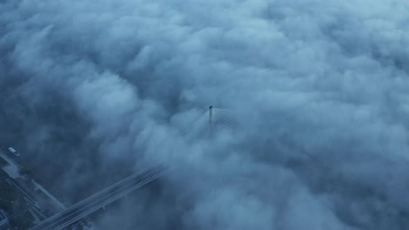 Aerial Morning Footage Morning Tall Cable Stayed Bridge Over Vistula River Shrouded in Fog