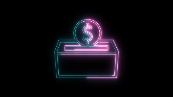 Glowing neon line banknote dollar icon isolated on black background. Banking currency sign.