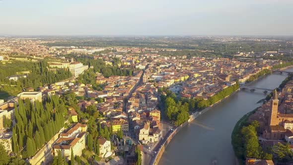Verona Italy Skyline Aerial View From Sky of Historical City Centre Bridges Across Adige River