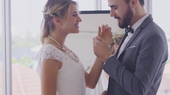 Happy Bride and Groom in Wedding Dress Prepare for Married in Wedding Ceremony