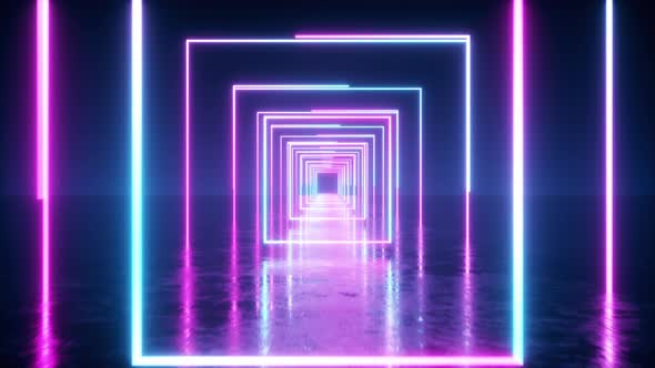 Abstract Flight in Space Through Glowing Neon Squares