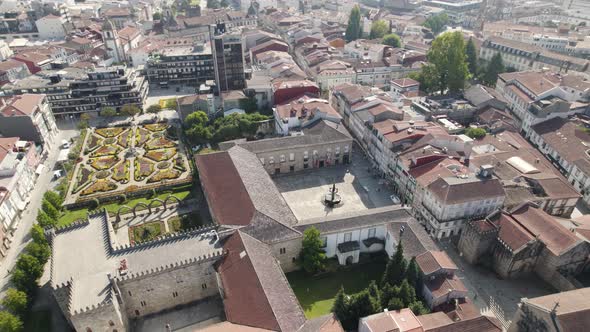 Aerial panoramic view of Santa Barbara municipal garden on civil parish of Sè, Braga. Portugal