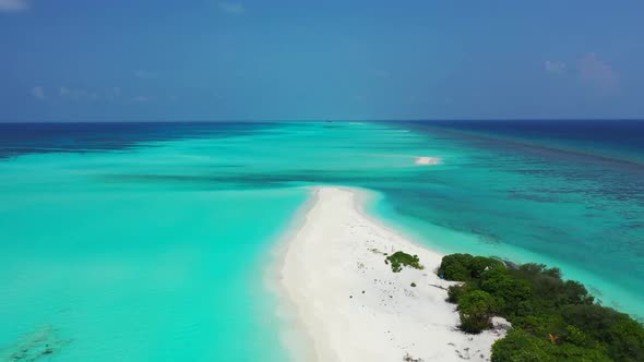 Aerial top view travel of idyllic coast beach voyage by blue sea and white sandy background of adven