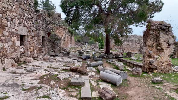 Old ruined city Syedra Turkey Alanya 4K Aerıal Vıew