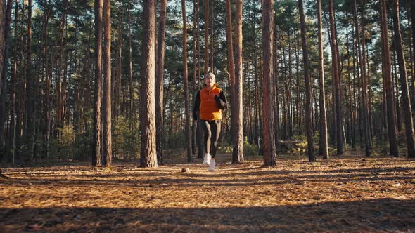 Young Woman Jogging on Trail in Autumn Forest at Sunrise