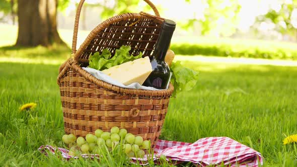 Wicker Picnic Basket with Cheese and Wine on Red Checkered Table Cloth on Green Grass Outside in