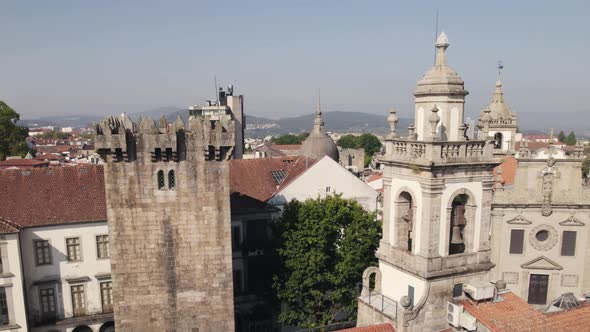 City of Braga, Portugal. Details of church towers and picturesque buildings. Aerial view