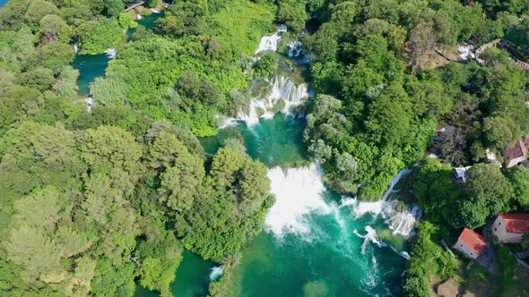 Drone Aerial Video Footage Flying Over Krka National Park Waterfalls, Croatia